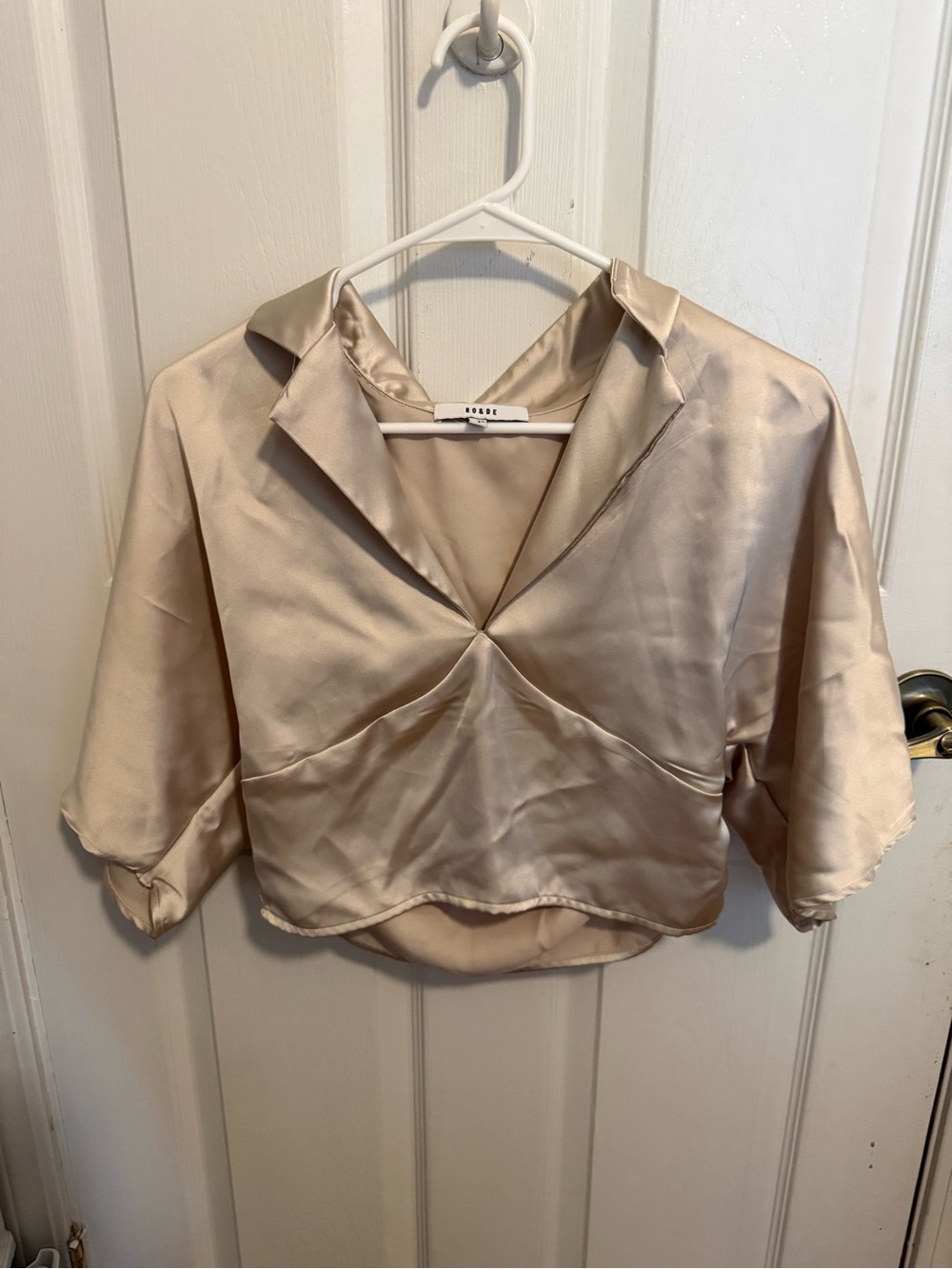 Reformation Satin V-Neck Cropped Blouse in Champagne Beige